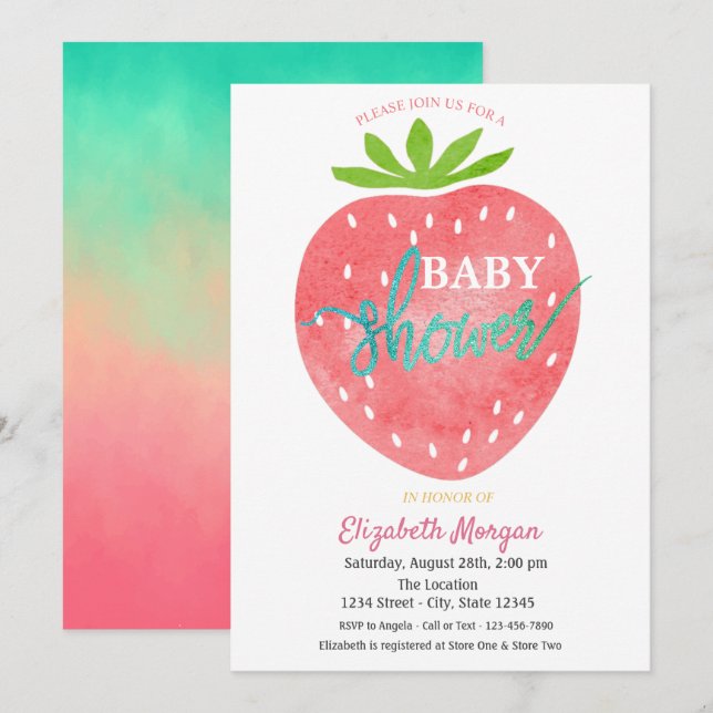 Invitación Acuarela de shower de bebé de fresa (Anverso / Reverso)