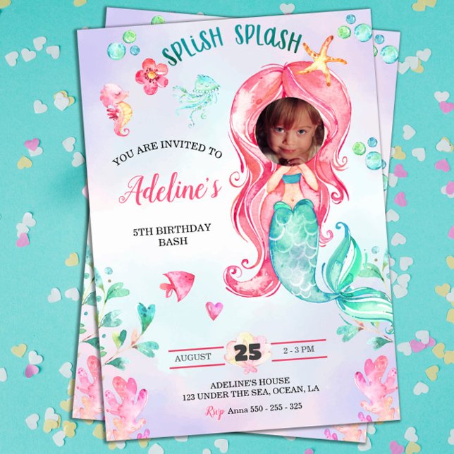 Invitación Acuarela de sirena Añadir tu fiesta de cumpleaños  (mermaid birthday creative cute add your own photo face girl party invitations)