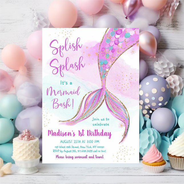Invitación Acuarela de Sirena Púrpura Pink Cumpleaños (Subido por el creador)