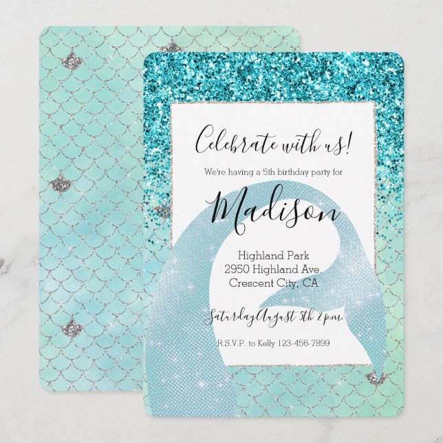 Invitación Acuarela de sirena Purpurina de Silver Aqua (Anverso / Reverso)