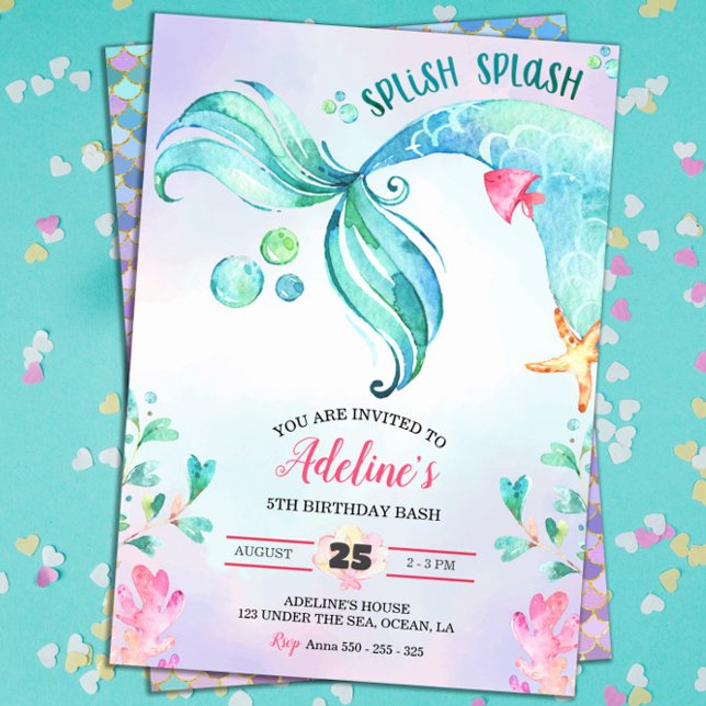 Invitación Acuarela de Sirena Splish Splash Cute Cumpleaños (Mermaid Birthday Party Watercolor Invitation)