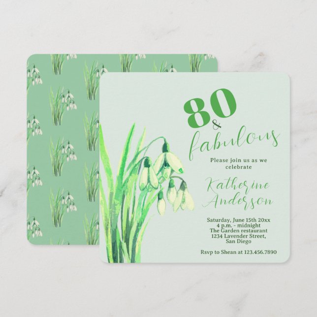 Invitación Acuarela de Snowdrop, Cumpleaños 80 y Fabuloso (Anverso / Reverso)