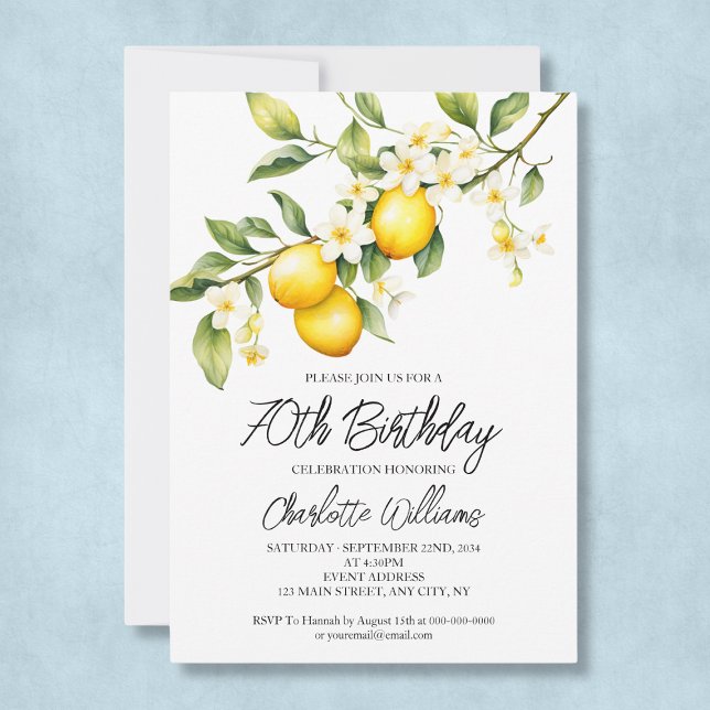 Invitación Acuarela de tema del limón fiesta de cumpleaños 70 (Lemon Theme Watercolor 70th Birthday Party Invitation
)