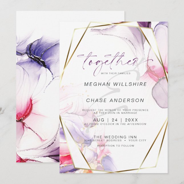 Invitación Acuarela De Tinta De Alcohol Crimson Lilac Rosa (Anverso / Reverso)