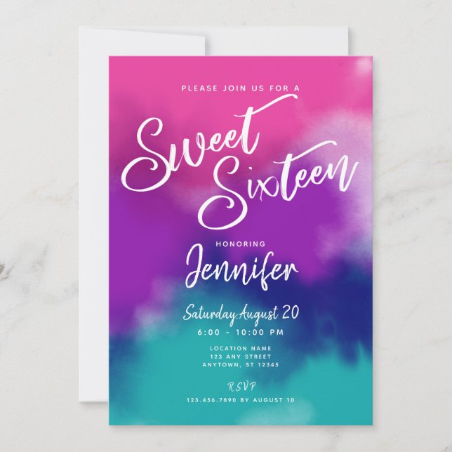 Invitación Acuarela de tinte dulce morado rosado 16 cumpleaño (Anverso)