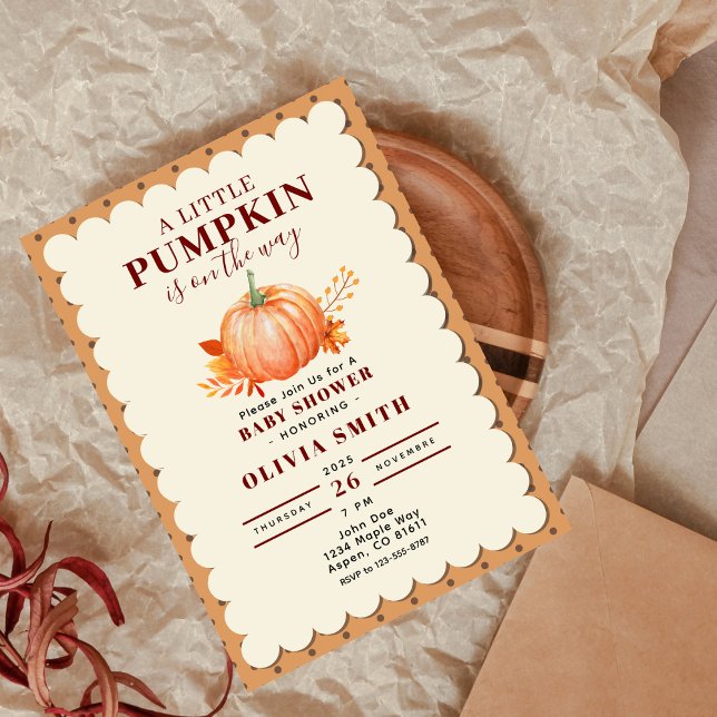 Invitación Acuarela de un pequeño calabaza de la caída de Bab (a Little Pumpkin Cute Fall Rustic Baby Shower Invitation)