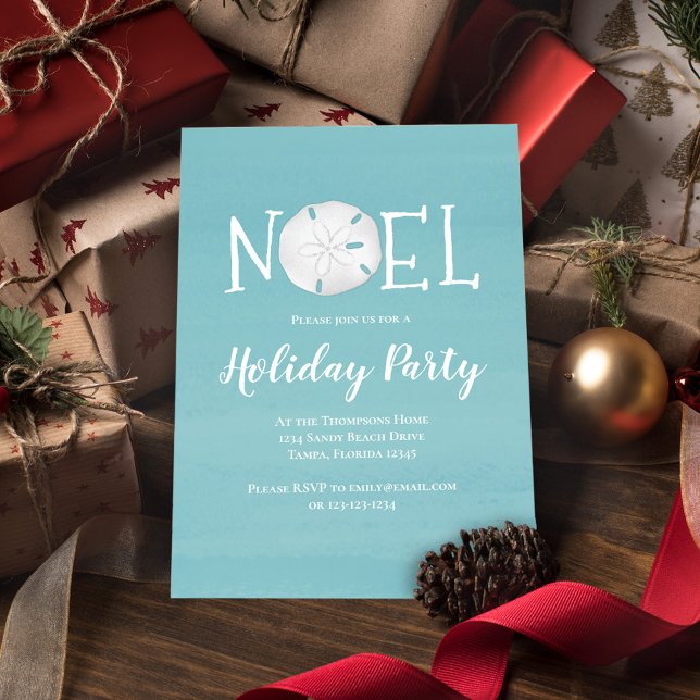 Invitación Acuarela de vacaciones Turquoise Beach Sand Dollar (Holiday party invitation with a beach turquoise blue Noel design.)