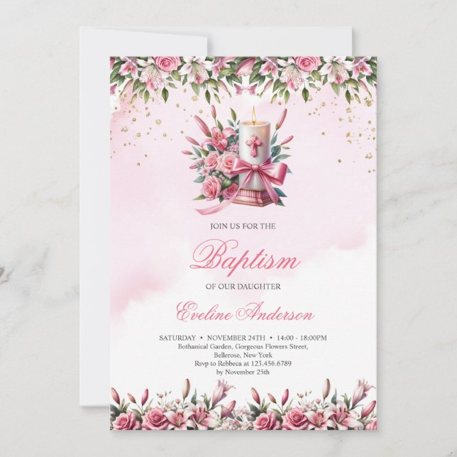 Invitación Acuarela de velas florales y rosas Bautismo (Anverso)