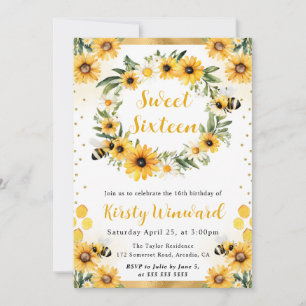 Invitación Acuarela de verano Abeja y girasoles Dulces 16