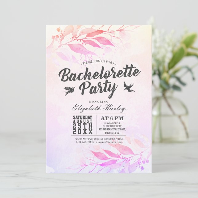 Invitación Acuarela deja a Bachelorette Party Bridal Shower (Anverso de pie)