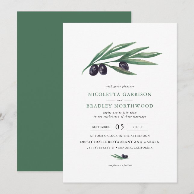 Invitación Acuarela deja Boda de olivo (Anverso / Reverso)