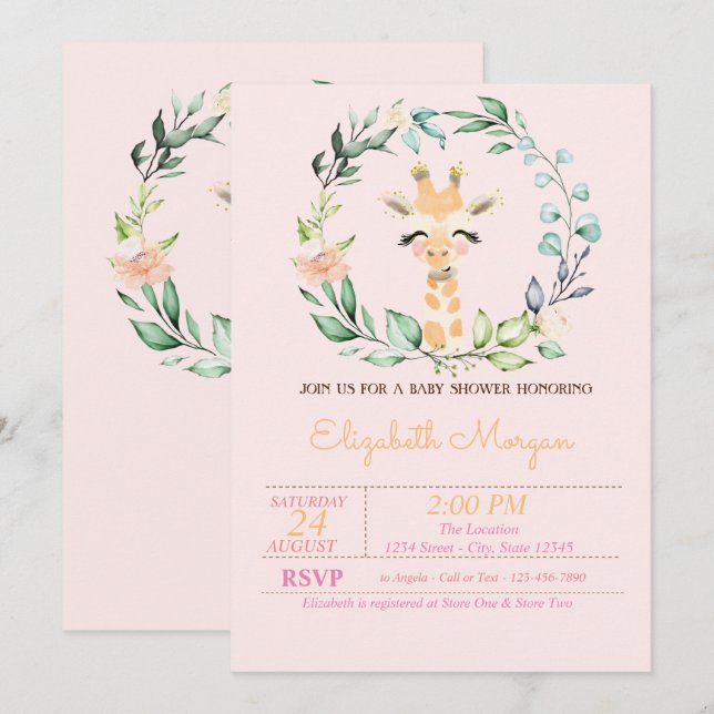 Invitación Acuarela deja flores bebé Giraffe Baby Shower (Anverso / Reverso)