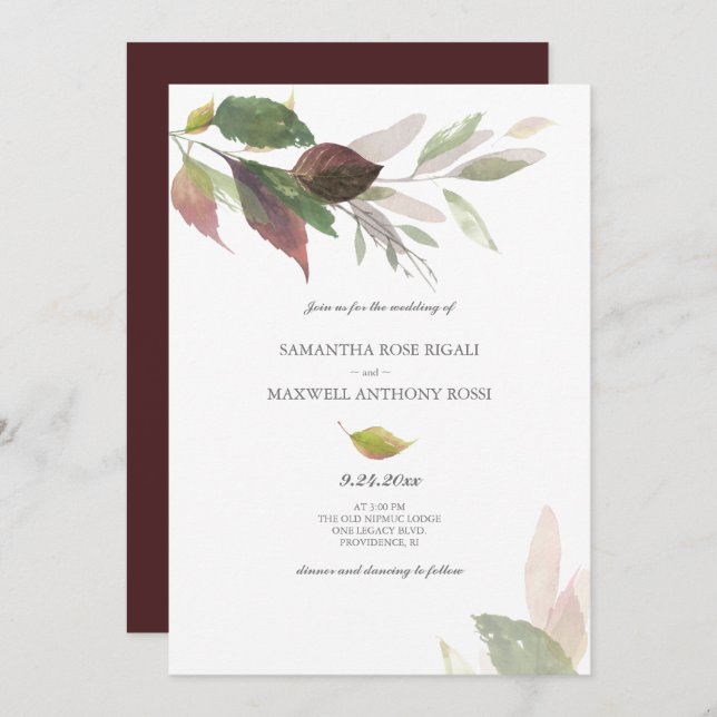 Invitación Acuarela deja matrimonio en otoño (Anverso / Reverso)