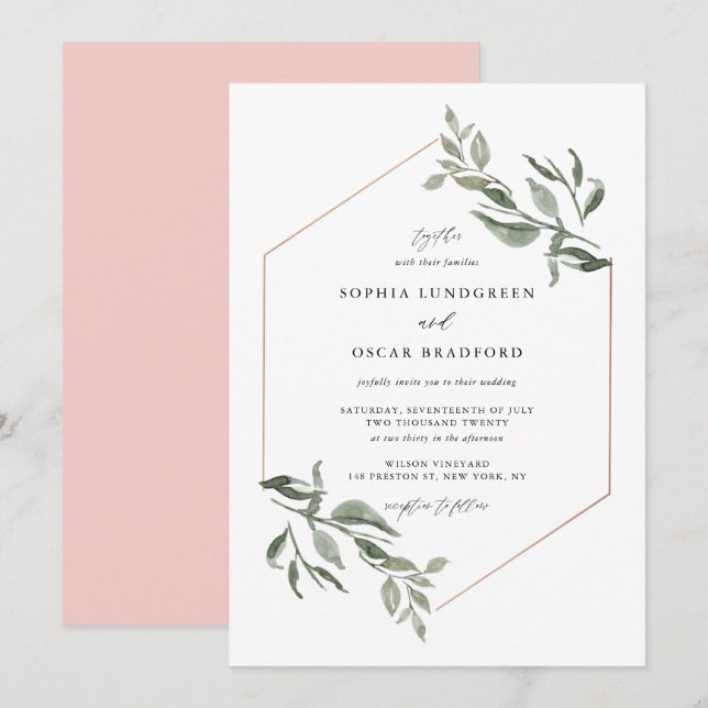 Invitación Acuarela deja Rosa Boda de marco dorado (Anverso / Reverso)