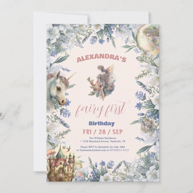 Invitación Acuarela del bosque de primera cumpleaños de hadas (Anverso)