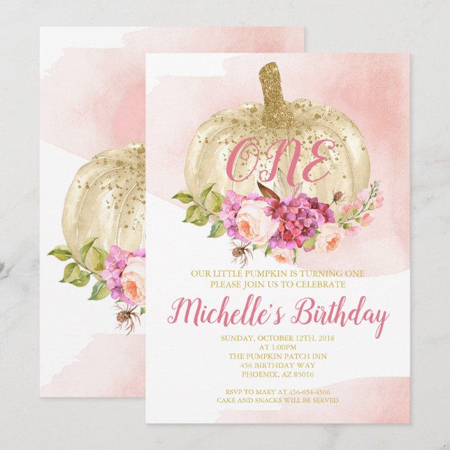 Invitación Acuarela del cumpleaños del oro del rosa del chica (Anverso / Reverso)