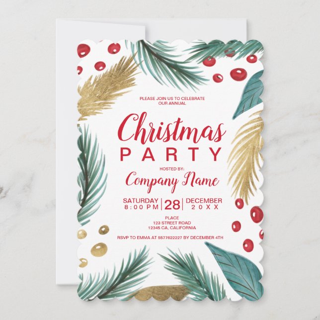Invitación Acuarela del oro del muérdago del pino del navidad (Anverso)