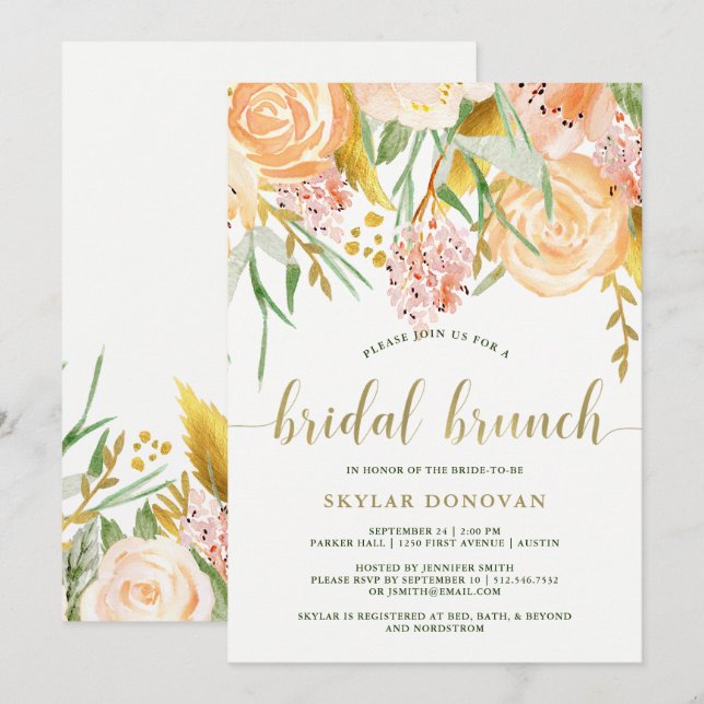 Invitación Acuarela del oro floral en brunch nupcial del (Anverso / Reverso)