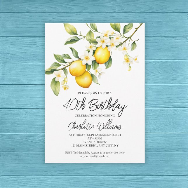 Invitación Acuarela del tema del limón 40 Fiesta de cumpleaño (Lemon Theme Watercolor 40th Birthday Party Invitation
)