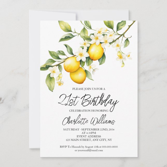 Invitación Acuarela del tema del limón Fiesta de cumpleaños 2 (Anverso)