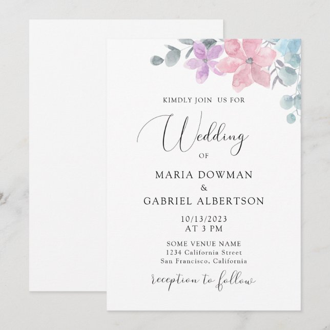Invitación Acuarela delicada boda botánico pastel floral (Anverso / Reverso)