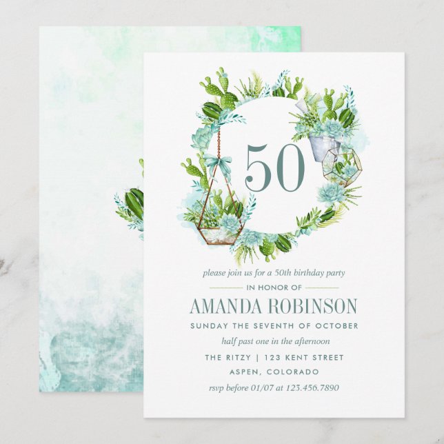 Invitación Acuarela Desierto Cactus Suculenta 50 cumpleaños (Anverso / Reverso)