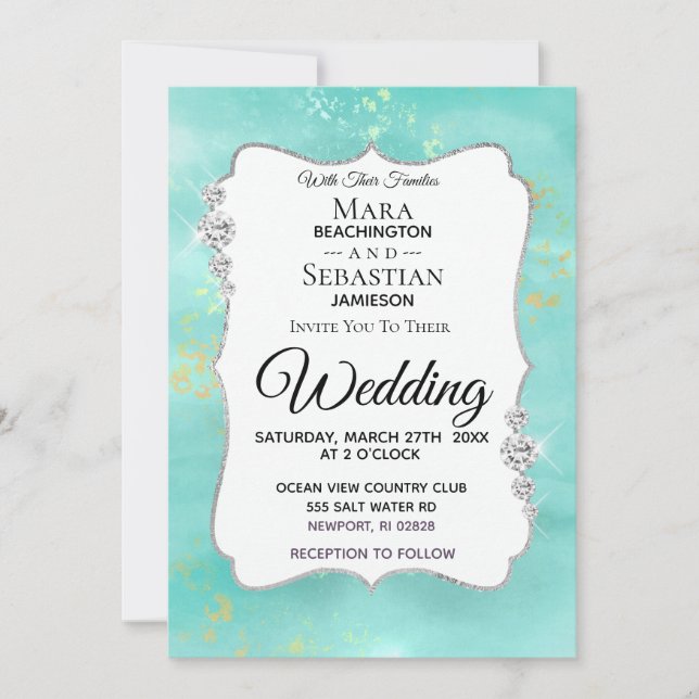 Invitación *~* Acuarela Diamond Aqua Purpurina Boda (Anverso)
