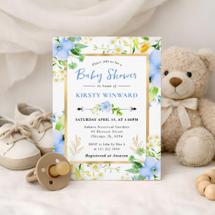 Invitación Acuarela Dianas y Flores Azules Baby Shower