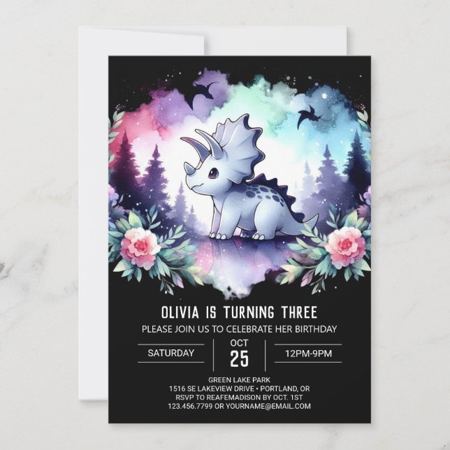 Invitación Acuarela Dino Triceratops Cumpleaños (Anverso)