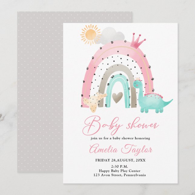 Invitación Acuarela Dinosaurio Bebé Niña Dino Ducha de bebé e (Anverso / Reverso)