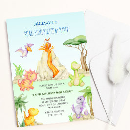 Invitación Acuarela Dinosaurios Volcán Tema Niños Cumpleaños