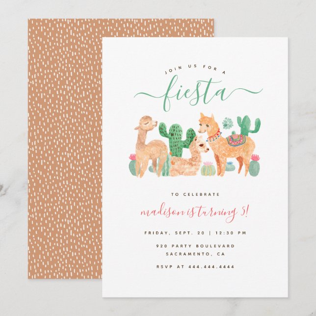 Invitación Acuarela divertida Llama Fiesta Niños Cumpleaños (Anverso / Reverso)