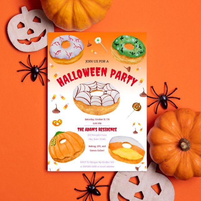 Invitación Acuarela Donut-licioso Fiesta de dulces de Hallowe (Spook up your Halloween party with our cute and customizable watercolor donuts invitation!)