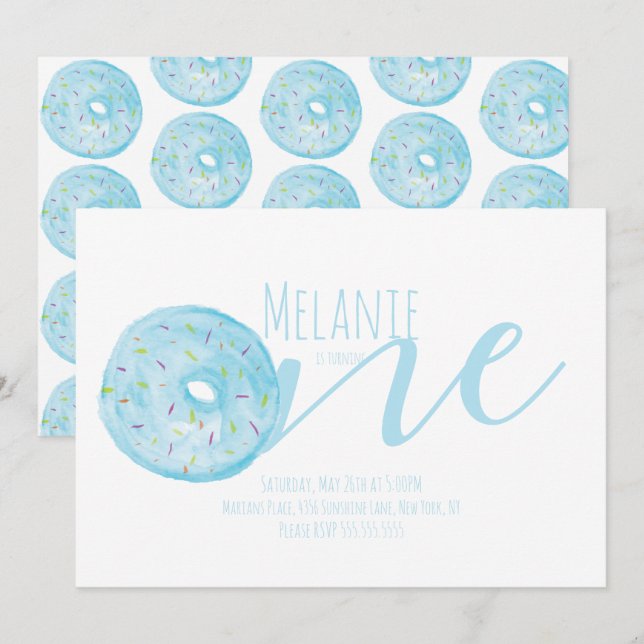 Invitación Acuarela Donut Primer cumpleaños Fiesta dulce azul (Anverso / Reverso)