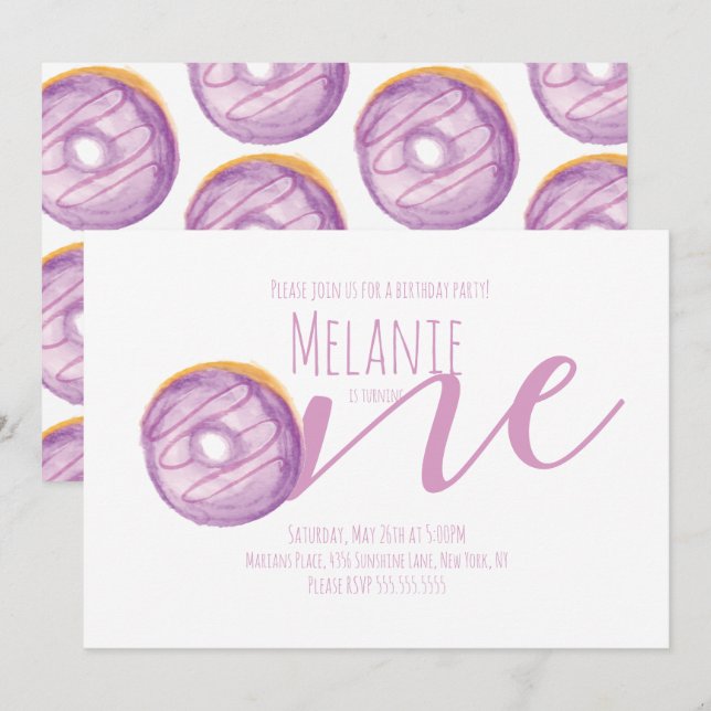 Invitación Acuarela Donut Primer cumpleaños Fiesta dulce mora (Anverso / Reverso)