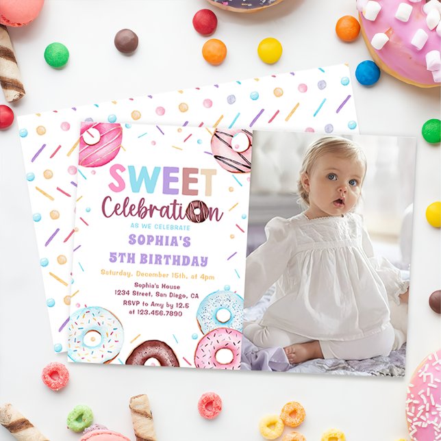 Invitación Acuarela Donut Sweet Birthday Photo Invitation (Subido por el creador)