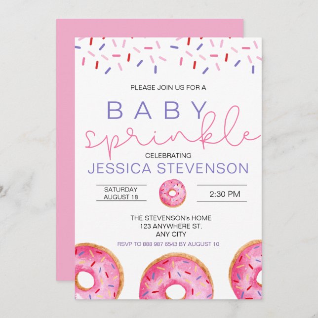 Invitación Acuarela Donuts chica Bebé Sprinkle Shower (Anverso / Reverso)
