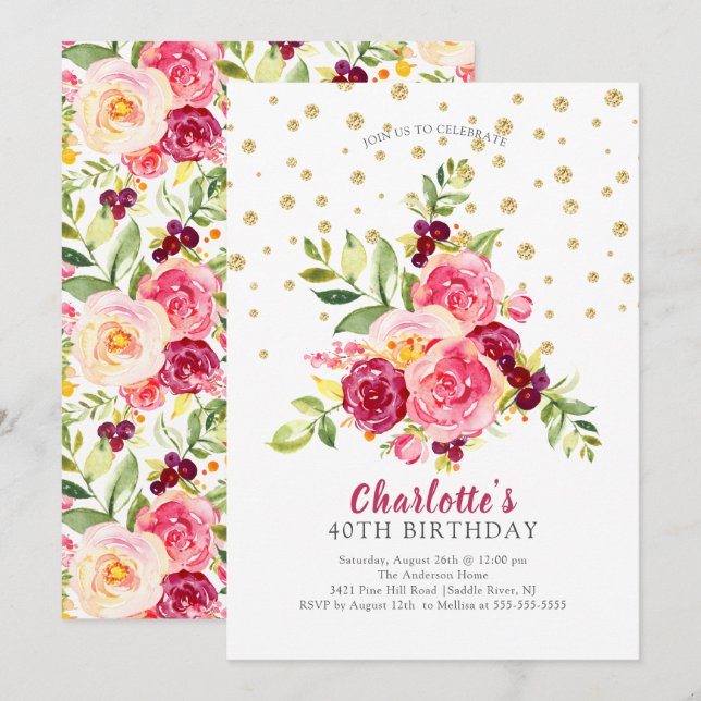 Invitación Acuarela Dorado Floral Rosa Confetti Cumpleaños (Anverso / Reverso)