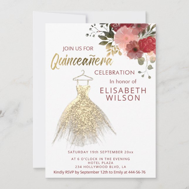 Invitación Acuarela Dorado floral vestido Quinceañera (Anverso)