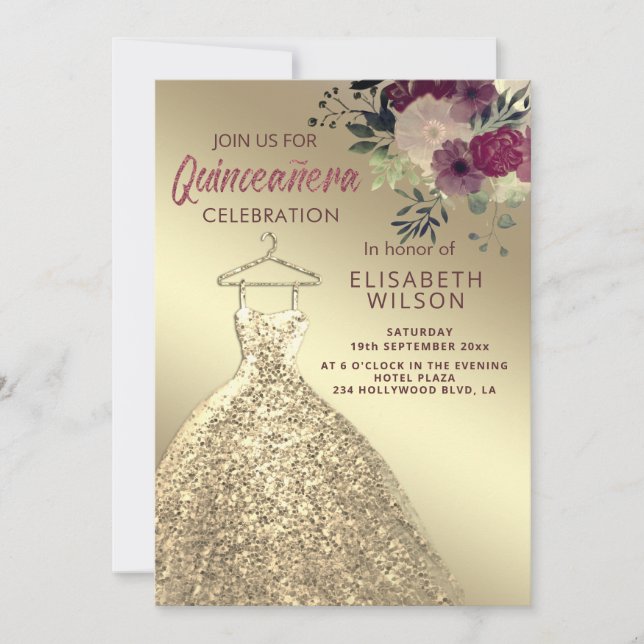 Invitación Acuarela Dorado floral vestido Quinceañera I (Anverso)