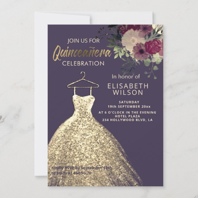 Invitación Acuarela Dorado floral vestido Quinceañera I (Anverso)