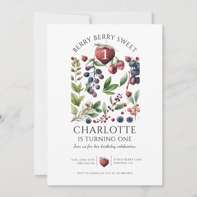 Invitación Acuarela Dulce Cumpleaños de las Bayas Primer Cump (Anverso)