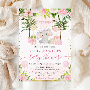 Invitación Acuarela Dulce Elefante Rosa Jungla Baby Shower