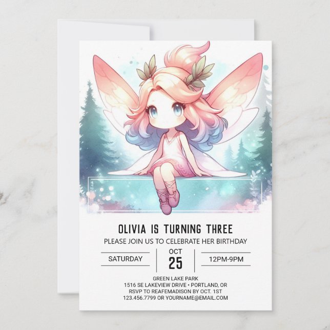 Invitación Acuarela Dulce Fairy Cumpleaños (Anverso)