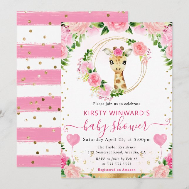 Invitación Acuarela Dulce Fiesta de Bebé Jirafa de la Jungla (Anverso / Reverso)