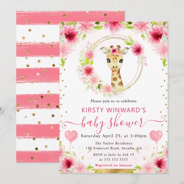 Invitación Acuarela Dulce Fiesta de Bebé Jirafa de la Jungla (Anverso / Reverso)
