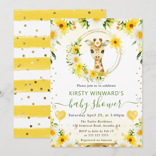 Invitación Acuarela Dulce Fiesta de Bebé Jirafa de la Jungla (Anverso / Reverso)
