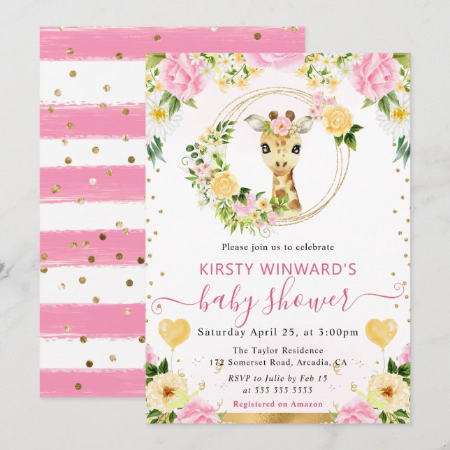 Invitación Acuarela Dulce Fiesta de Bebé Jirafa de la Jungla (Anverso / Reverso)