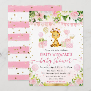Invitación Acuarela Dulce Jirafa Rosa Jungla Baby Shower