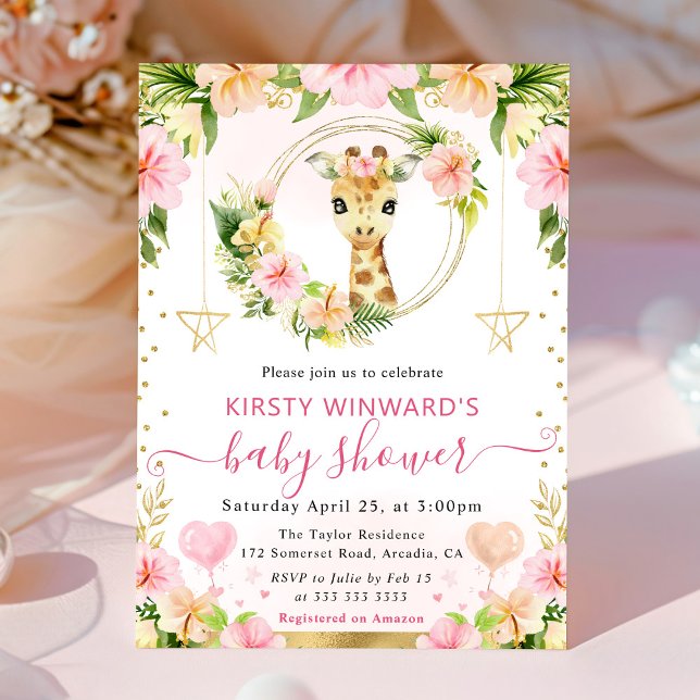 Invitación Acuarela Dulce Jirafa Rosa Jungla Fiesta de Bebé (Subido por el creador)
